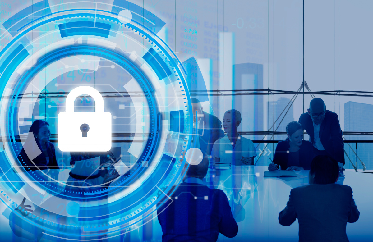 Business team seated around conference table with futuristic padlock graphic overlaid on image