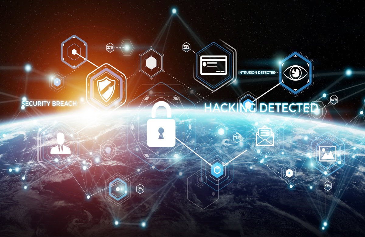 Cybersecurity keywords floating above Earth