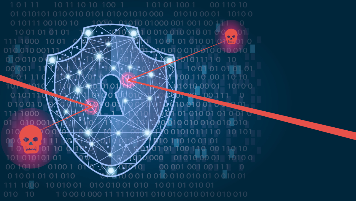 A blue digital shield blocking red hacking attempts. Cyber security concept.