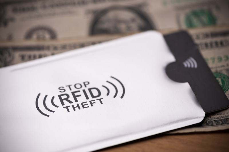 Credit card in sleeve labeled 'Stop RFID Theft'