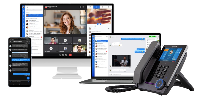 Rainbow Hub platform across desktop, laptop, mobile phone, and VoIP deskphone with video and messaging interface